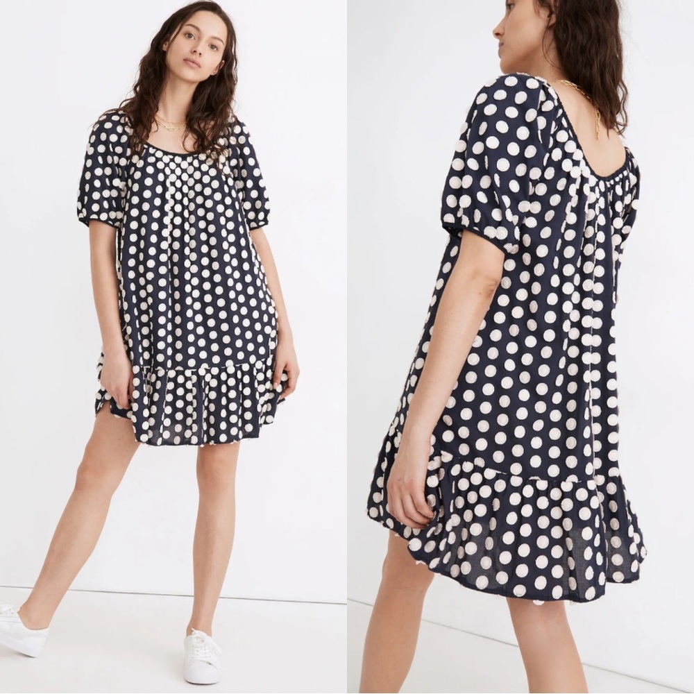 Madewell Shirred Ruffle-Hem Mini Dress in Textural Dot - XS